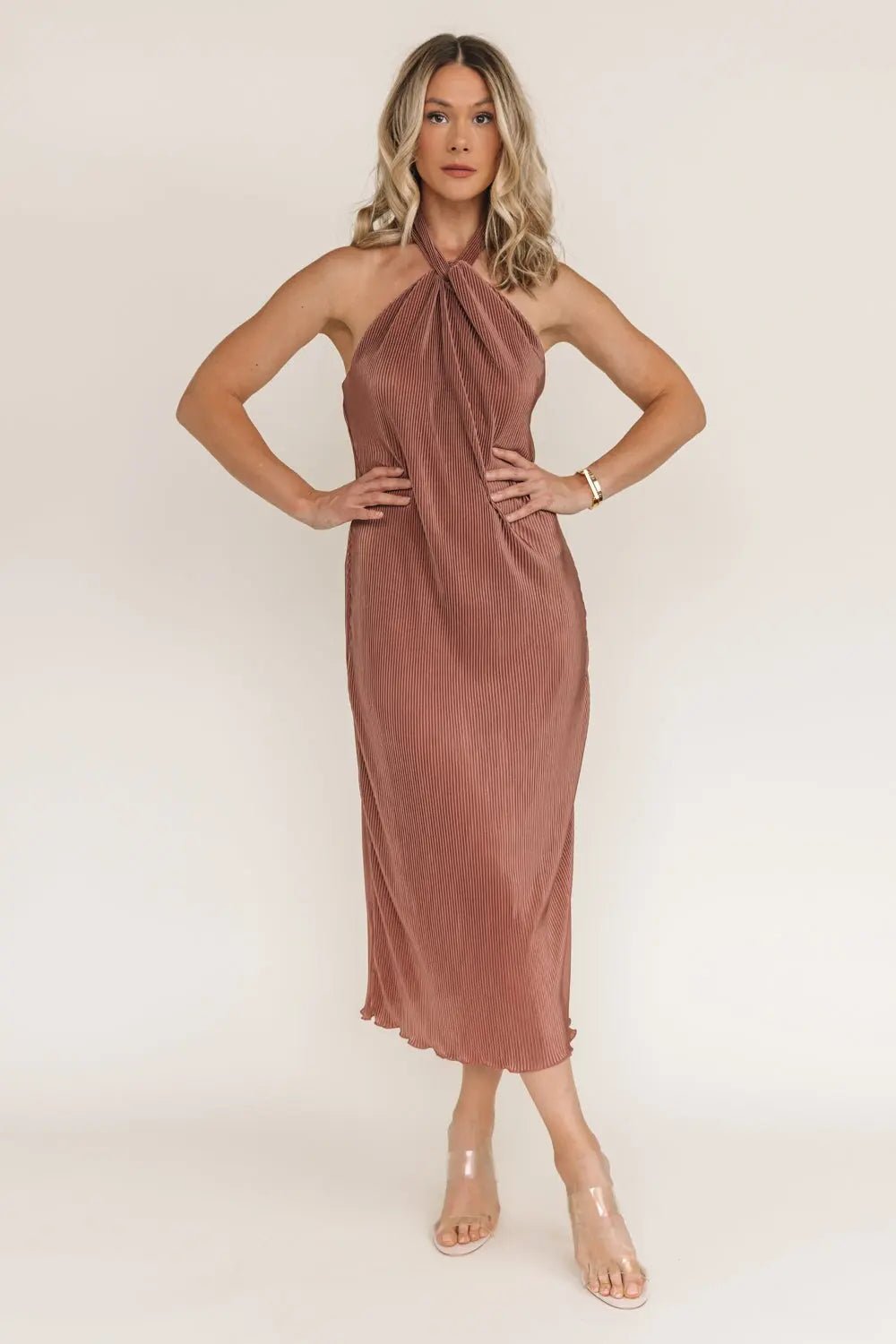 Sunset Secret Bronze Halter Midi Dress: Your Perfect Evening