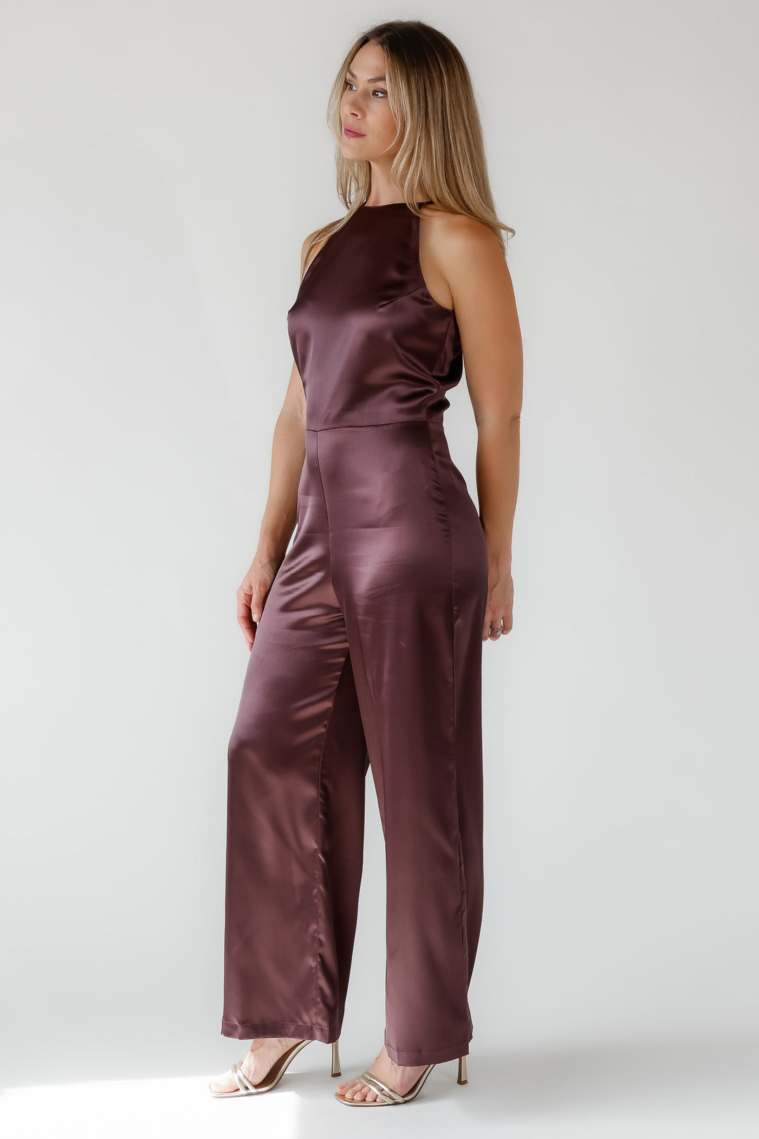 Arlah Chocolate Satin Halter Jumpsuit - Final Sale