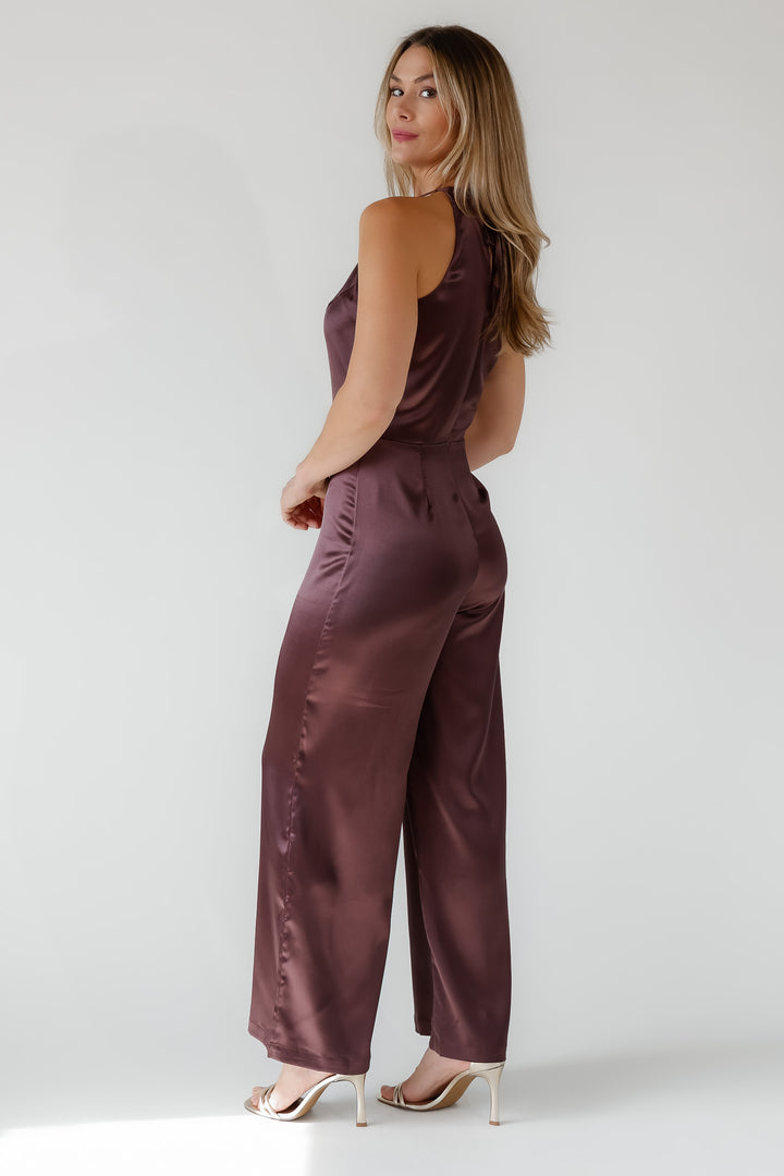 Arlah Chocolate Satin Halter Jumpsuit - Final Sale