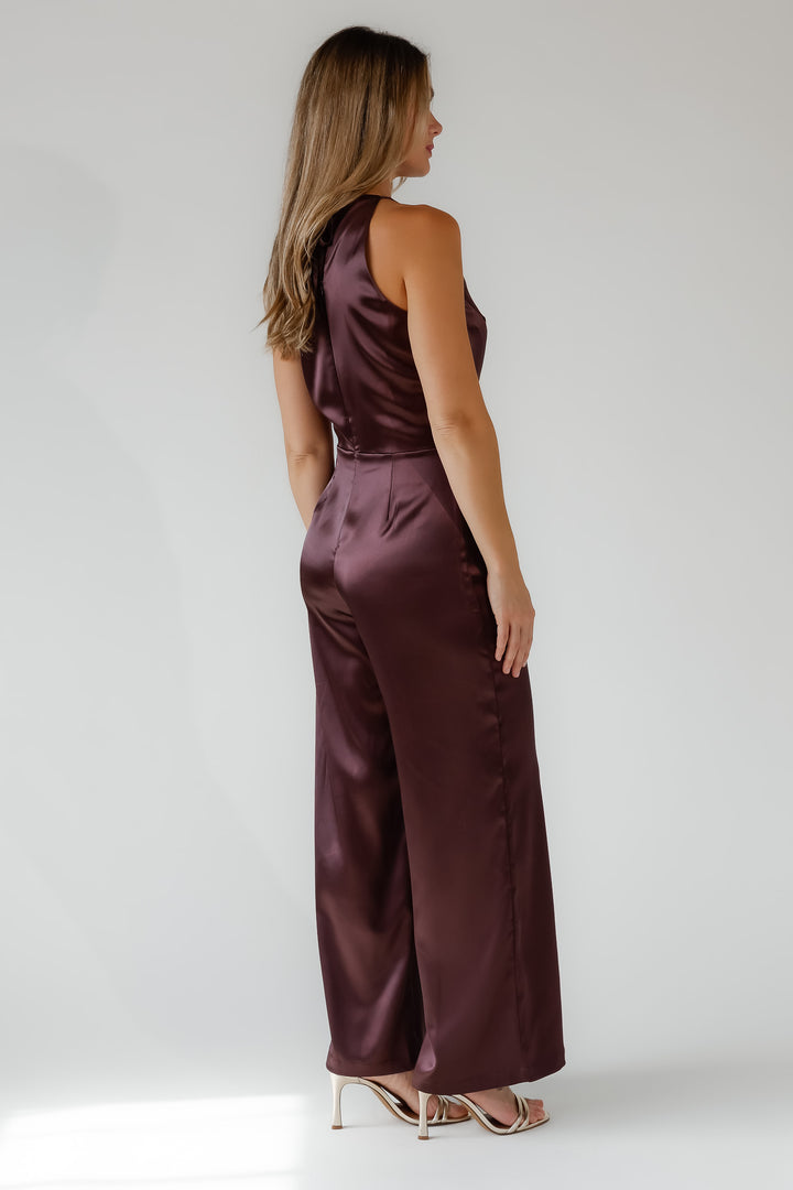 Arlah Chocolate Satin Halter Jumpsuit - Final Sale