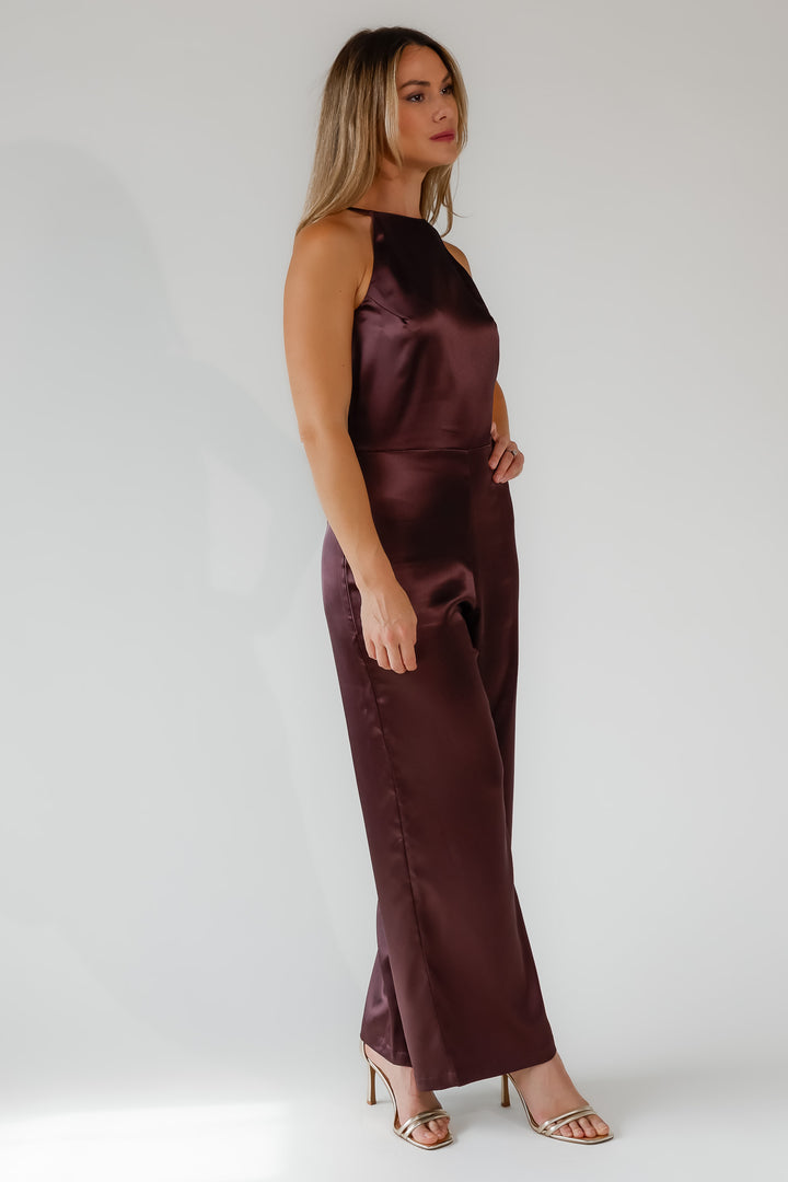 Arlah Chocolate Satin Halter Jumpsuit - Final Sale