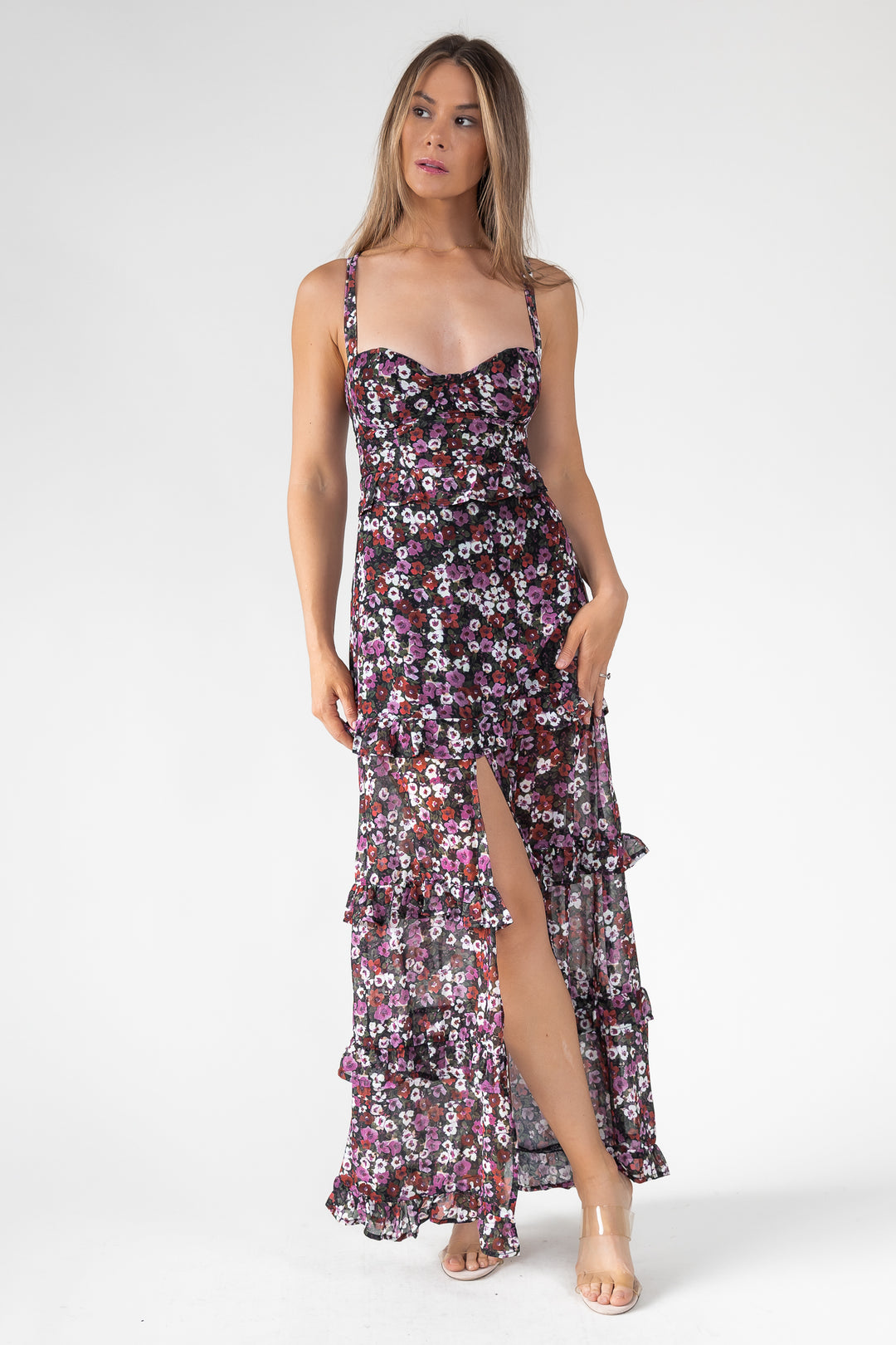 Black Floral Ruffle Maxi Dress