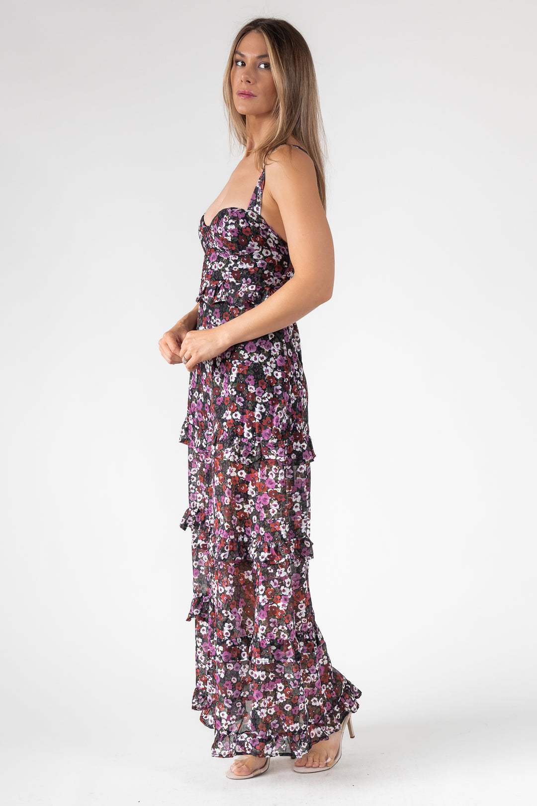 Black Floral Ruffle Maxi Dress