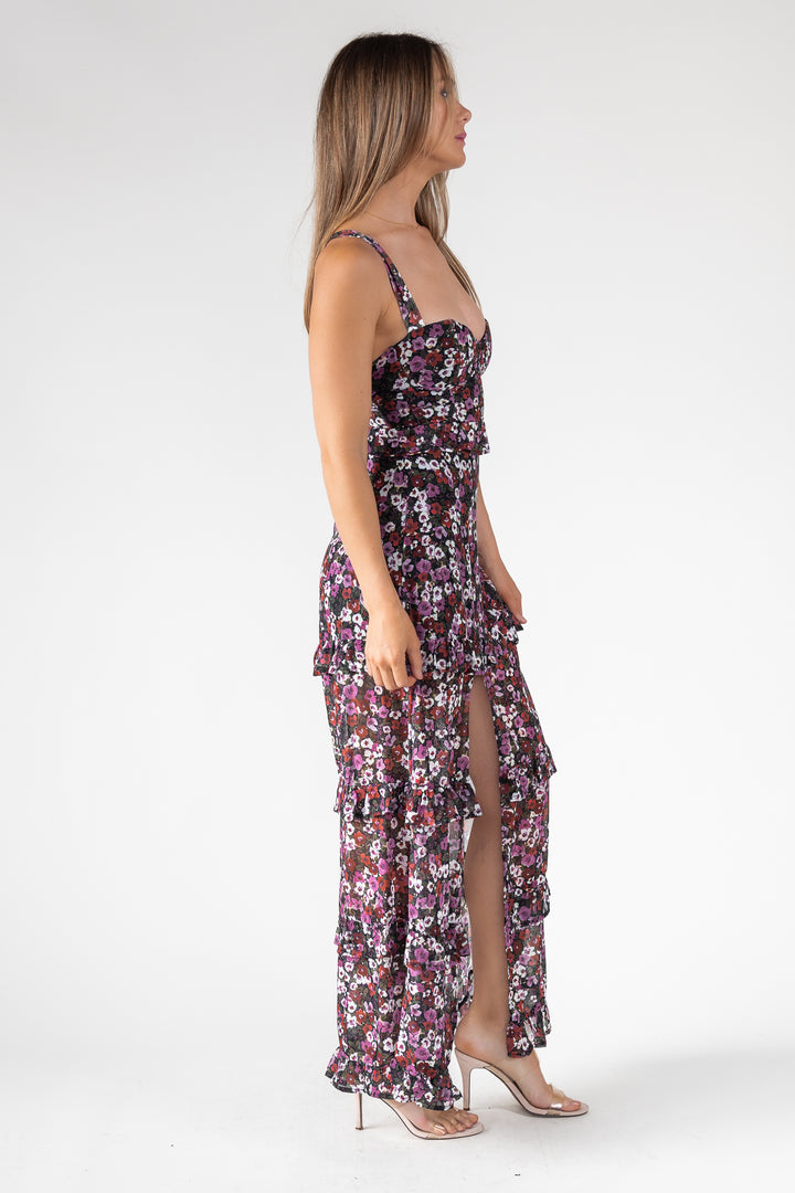 Black Floral Ruffle Maxi Dress