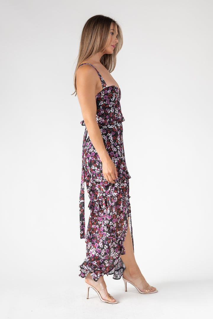 Black Floral Ruffle Maxi Dress