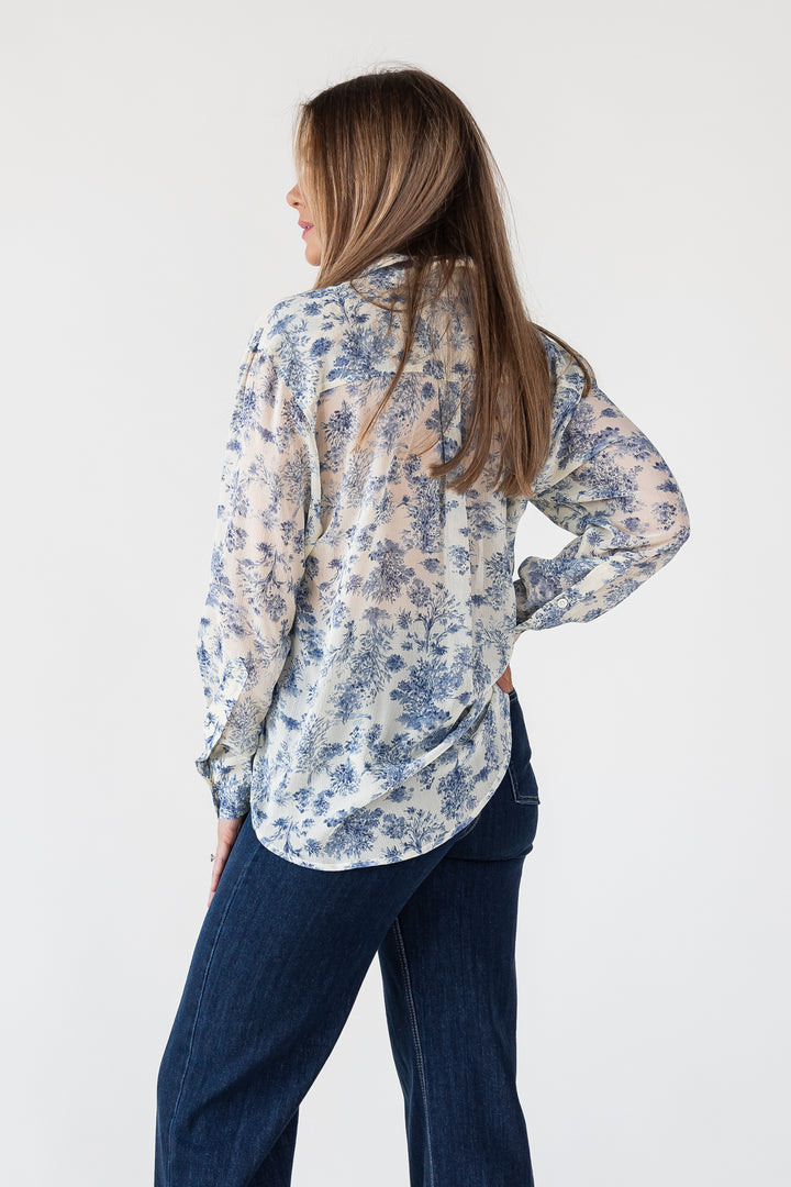 Blue Floral Sheer Button Up Top