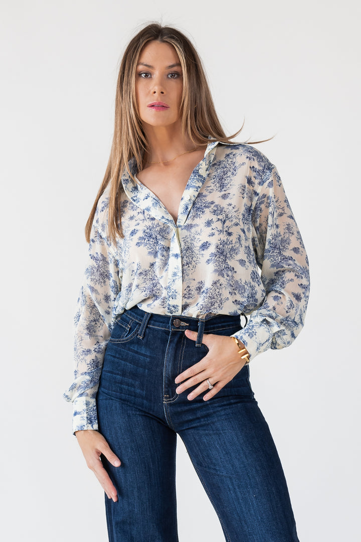 Blue Floral Sheer Button Up Top