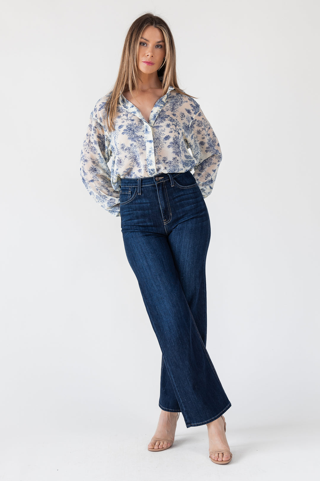 Blue Floral Sheer Button Up Top