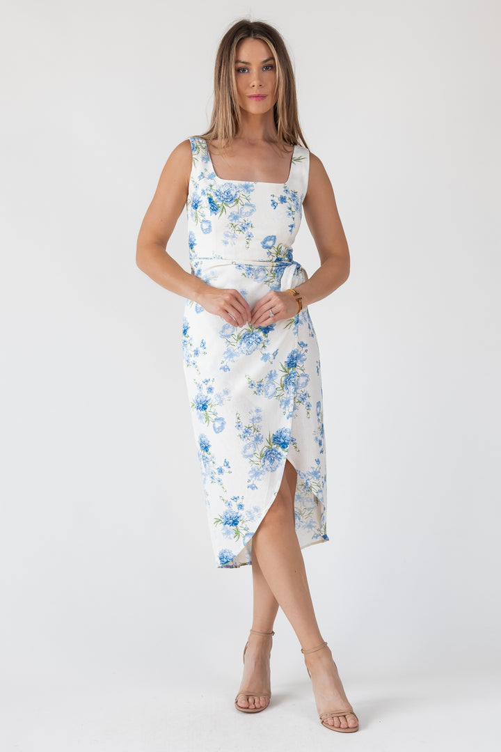 Blue Floral Wrap Midi Dress