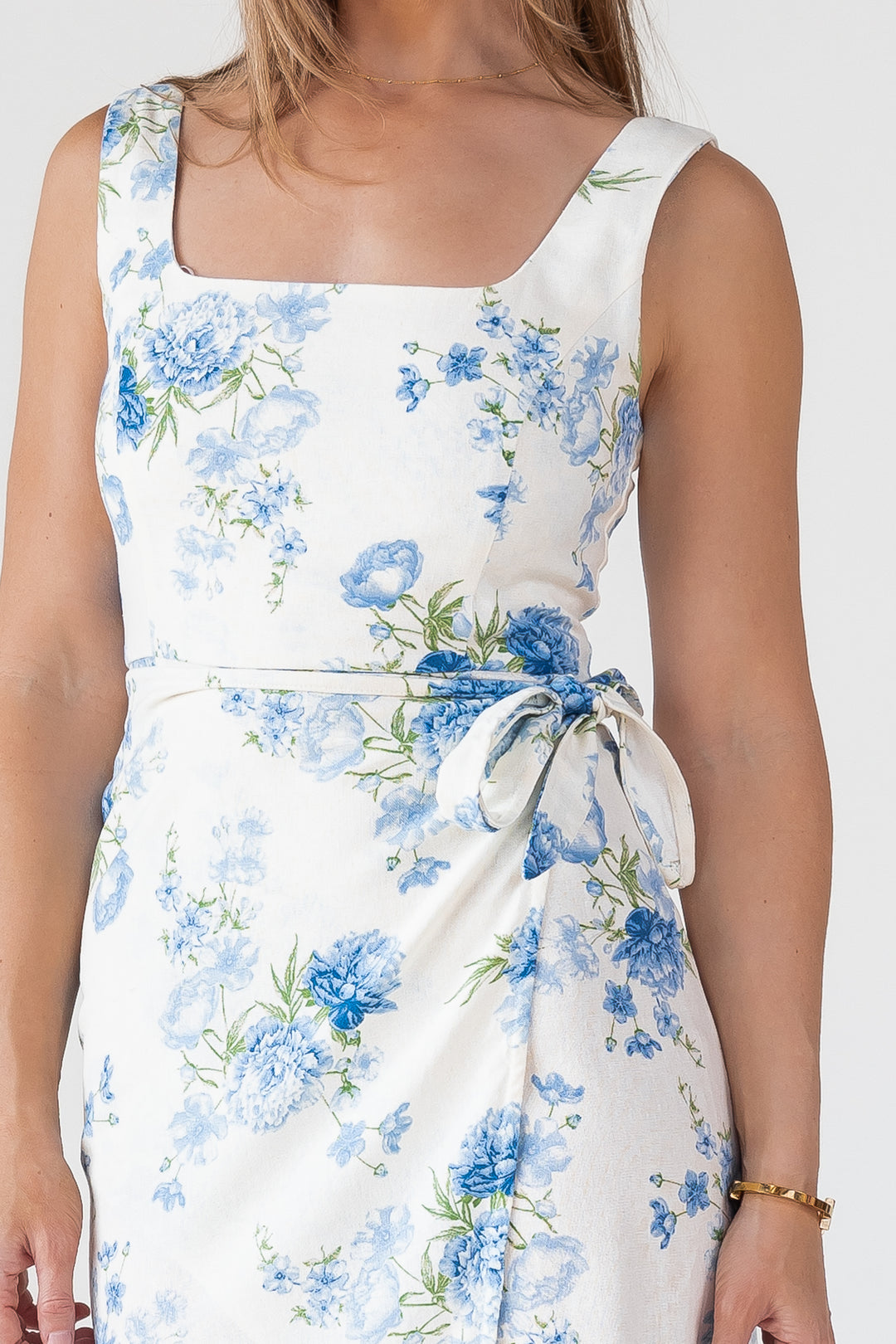 Blue Floral Wrap Midi Dress