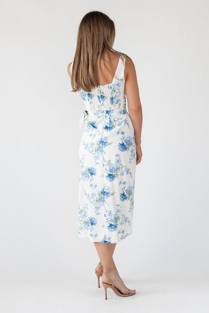 Blue Floral Wrap Midi Dress