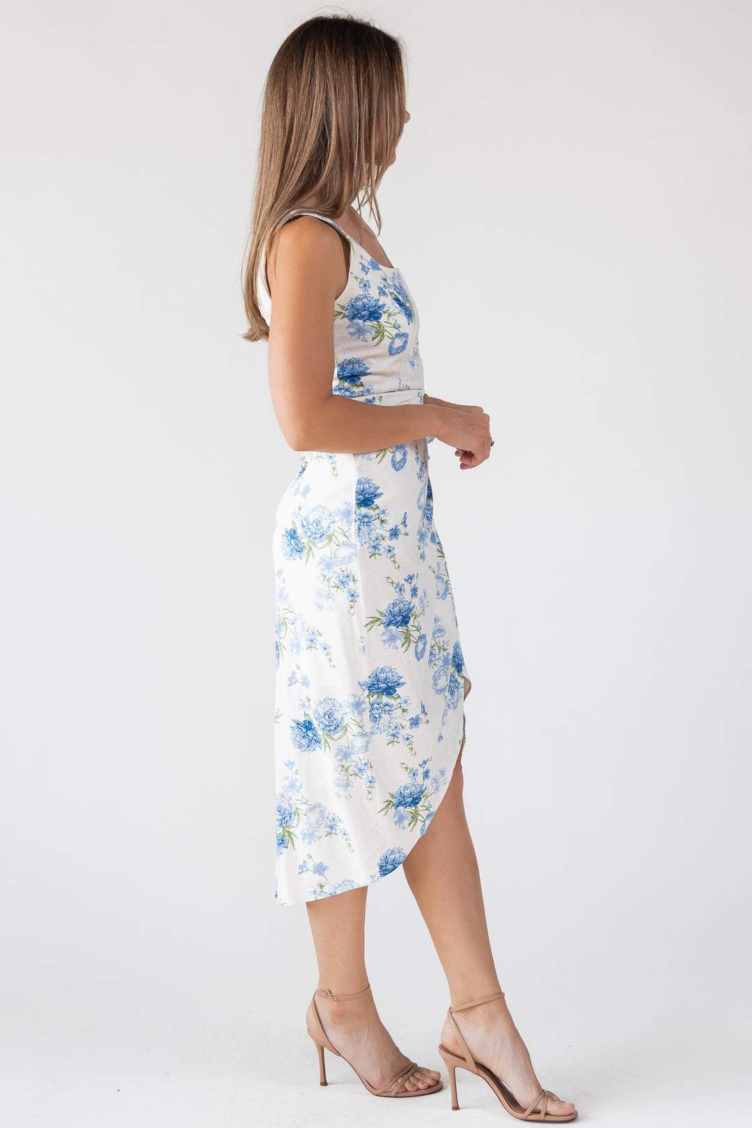 Blue Floral Wrap Midi Dress