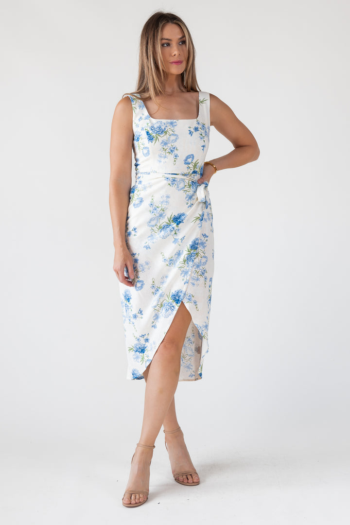 Blue Floral Wrap Midi Dress