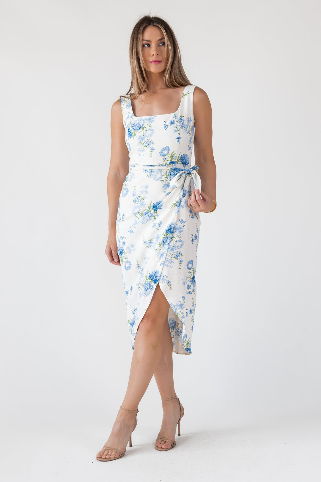 Blue Floral Wrap Midi Dress