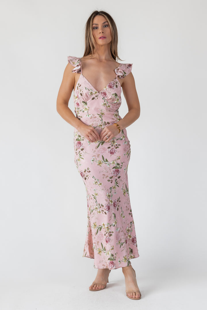 Blush Floral Flutter Strap Maxi Dress