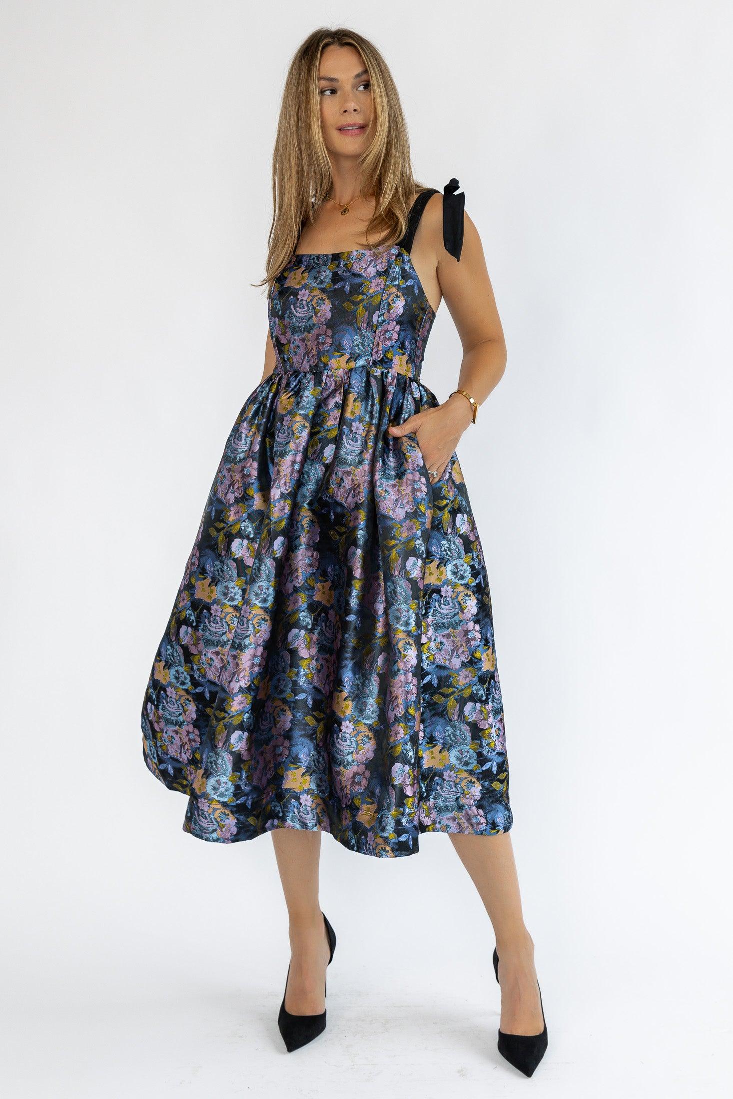 Breanna Navy Floral Jacquard Midi Dress - JO+CO