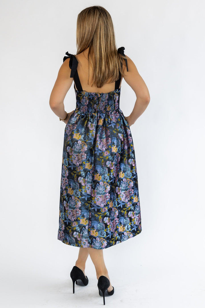 Breanna Navy Floral Jacquard Midi Dress