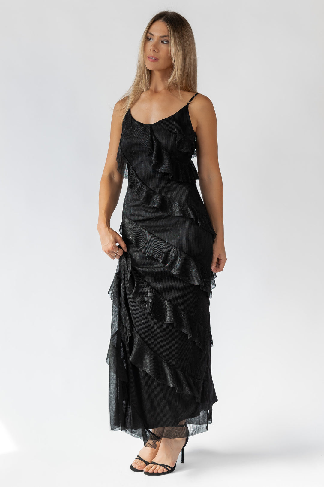 Caelyn Black Metallic Ruffle Maxi Dress - Final Sale