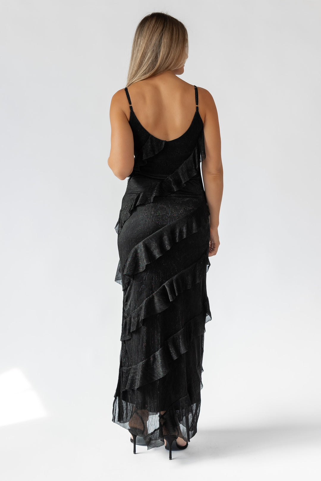 Caelyn Black Metallic Ruffle Maxi Dress - Final Sale