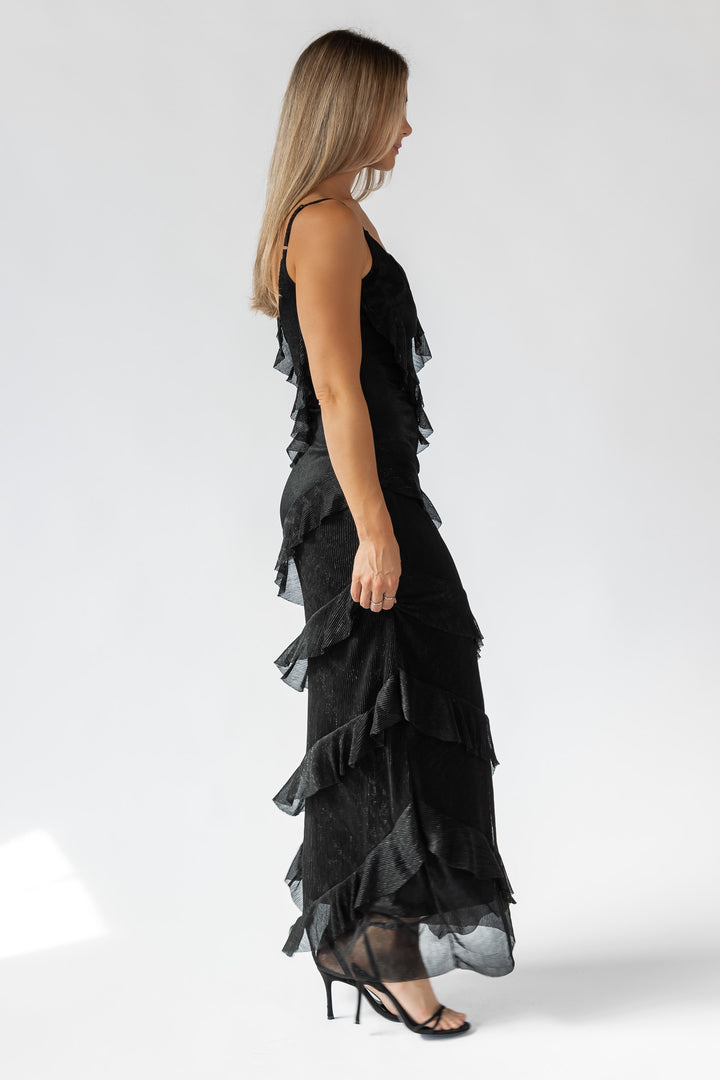 Caelyn Black Metallic Ruffle Maxi Dress - Final Sale