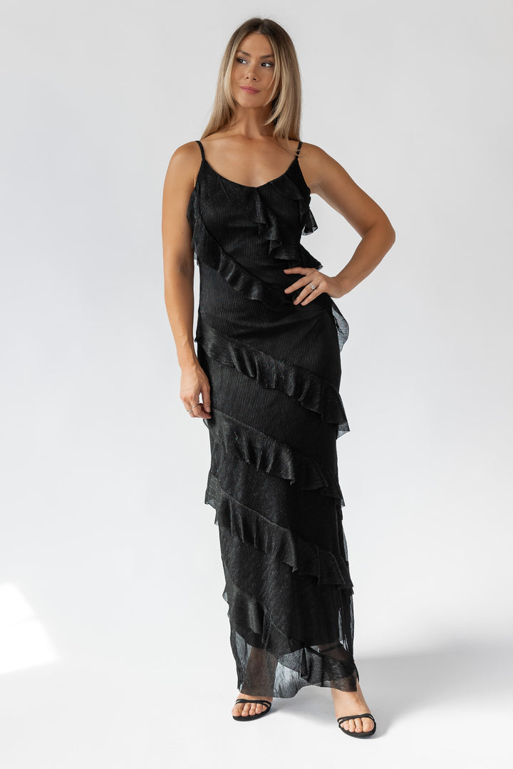 Caelyn Black Metallic Ruffle Maxi Dress - Final Sale