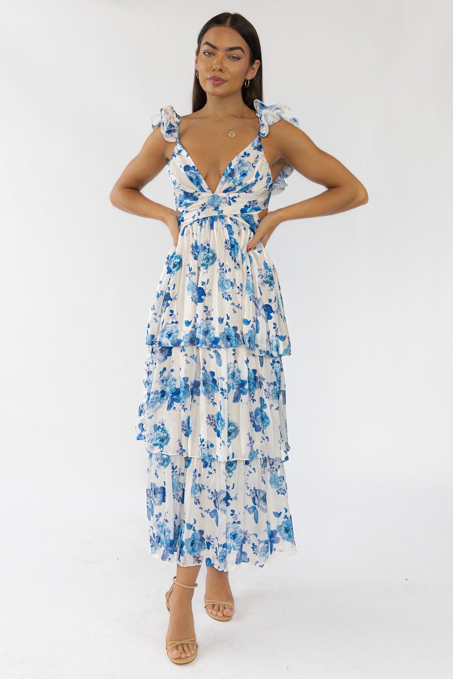 Carmen Blue Floral Maxi Dress - Romantic Ruffled Tiered Dress – JO+CO