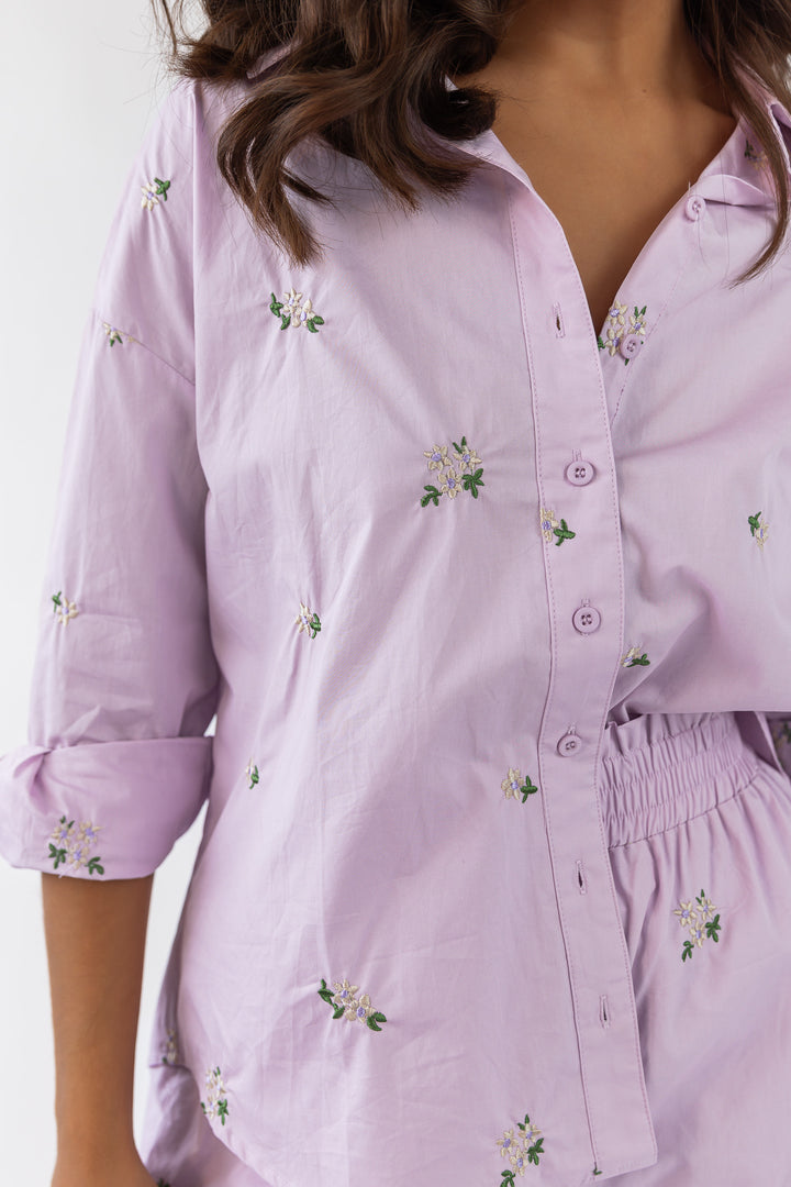 Daniella Lilac Floral Embroidered Poplin Top - Final Sale