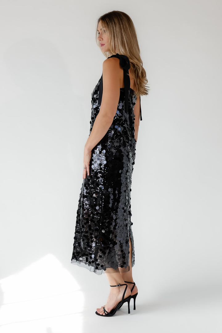 Della Black Sequin Embellish Midi Dress - Final Sale