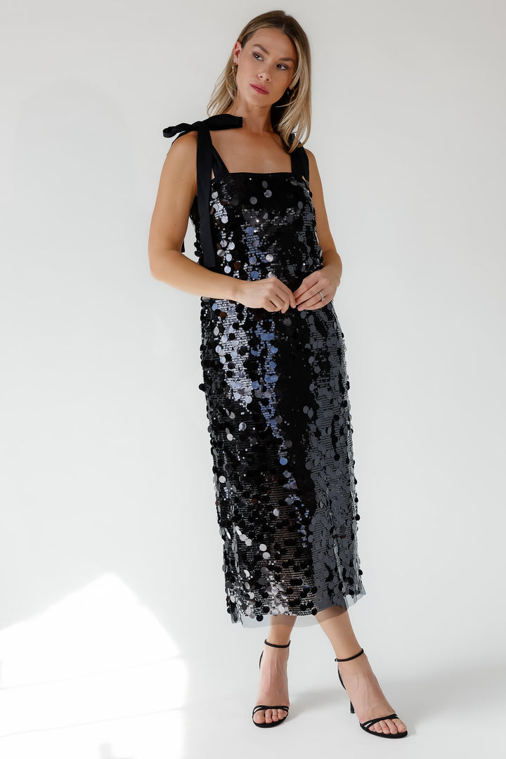 Della Black Sequin Embellish Midi Dress - Final Sale