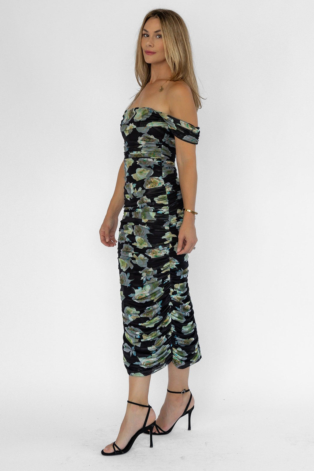 Elodie Black Floral Ruched Midi Dress - Final Sale