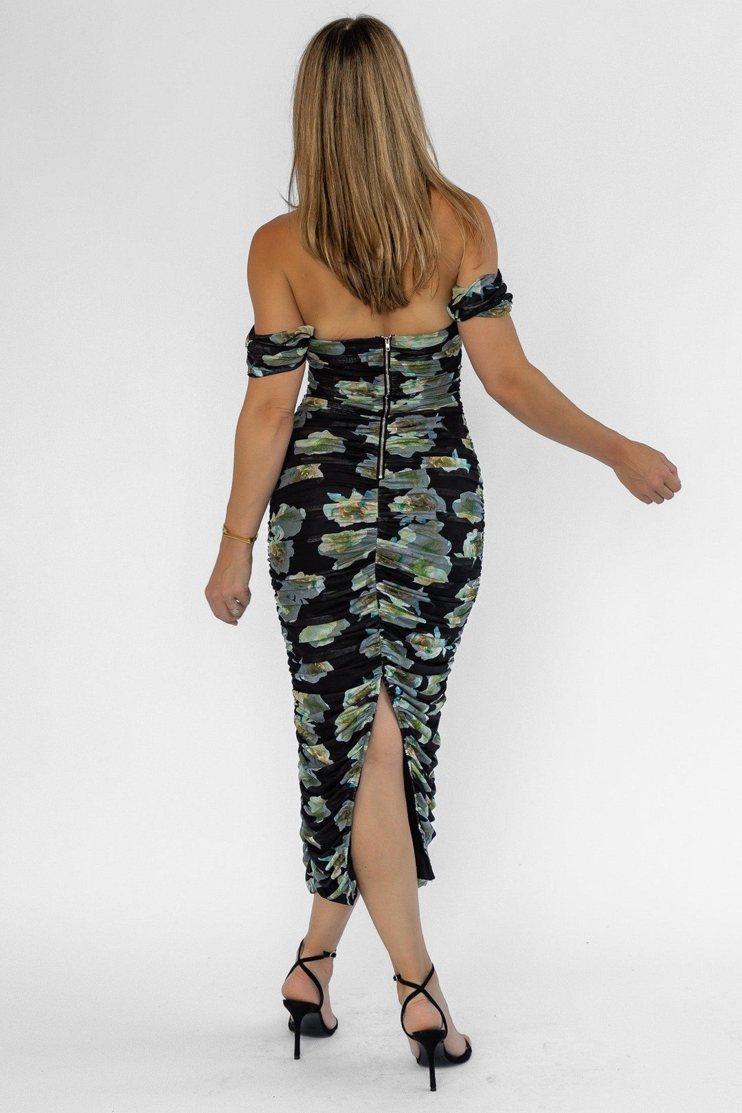 Elodie Black Floral Ruched Midi Dress - Final Sale