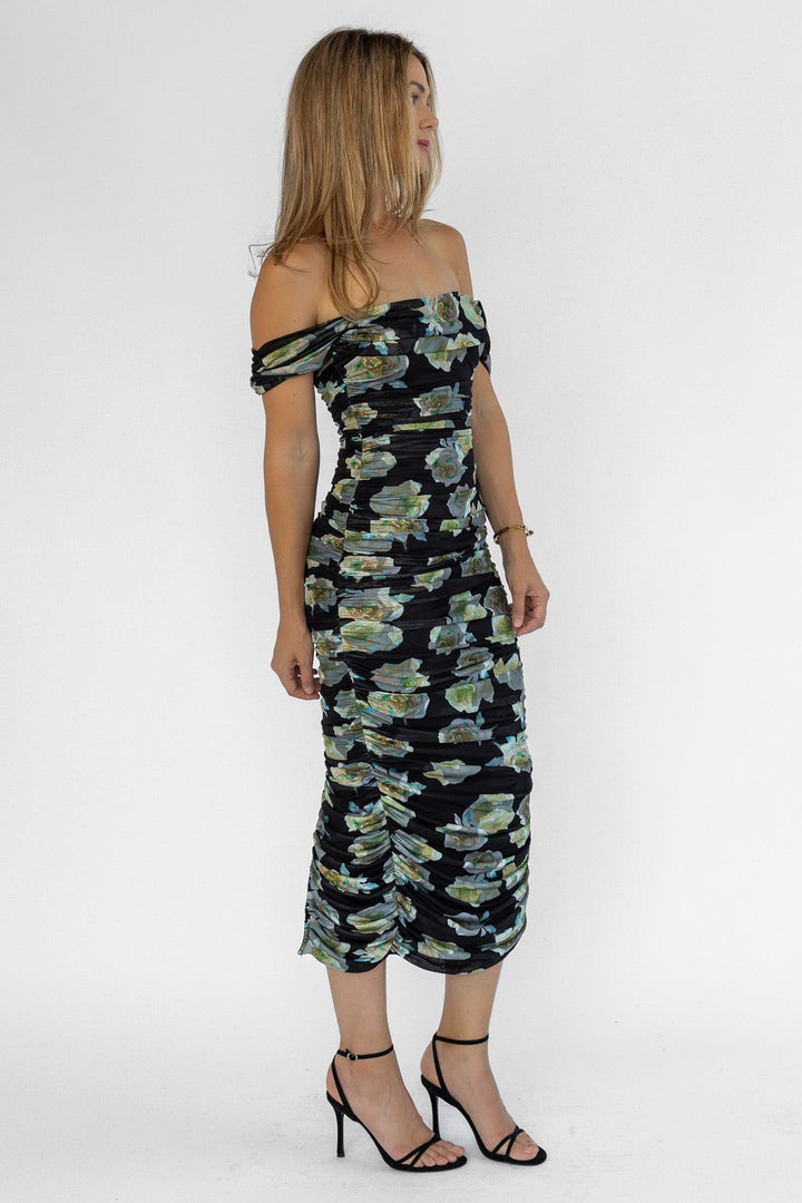 Elodie Black Floral Ruched Midi Dress - Final Sale