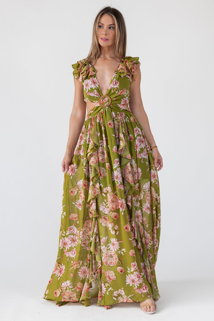 Green Floral Cutout Frilly Maxi Dress