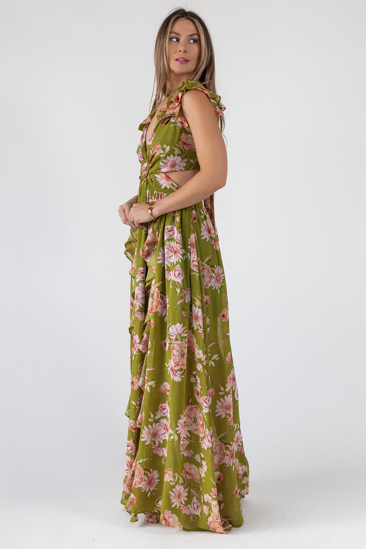 Green Floral Cutout Frilly Maxi Dress