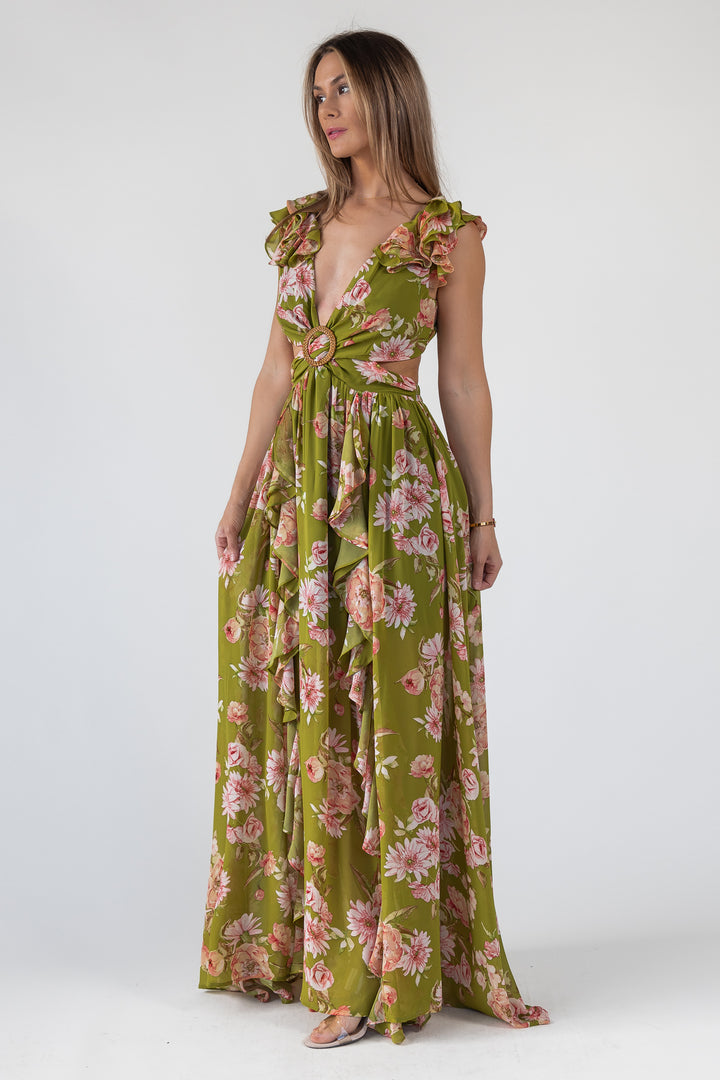 Green Floral Cutout Frilly Maxi Dress