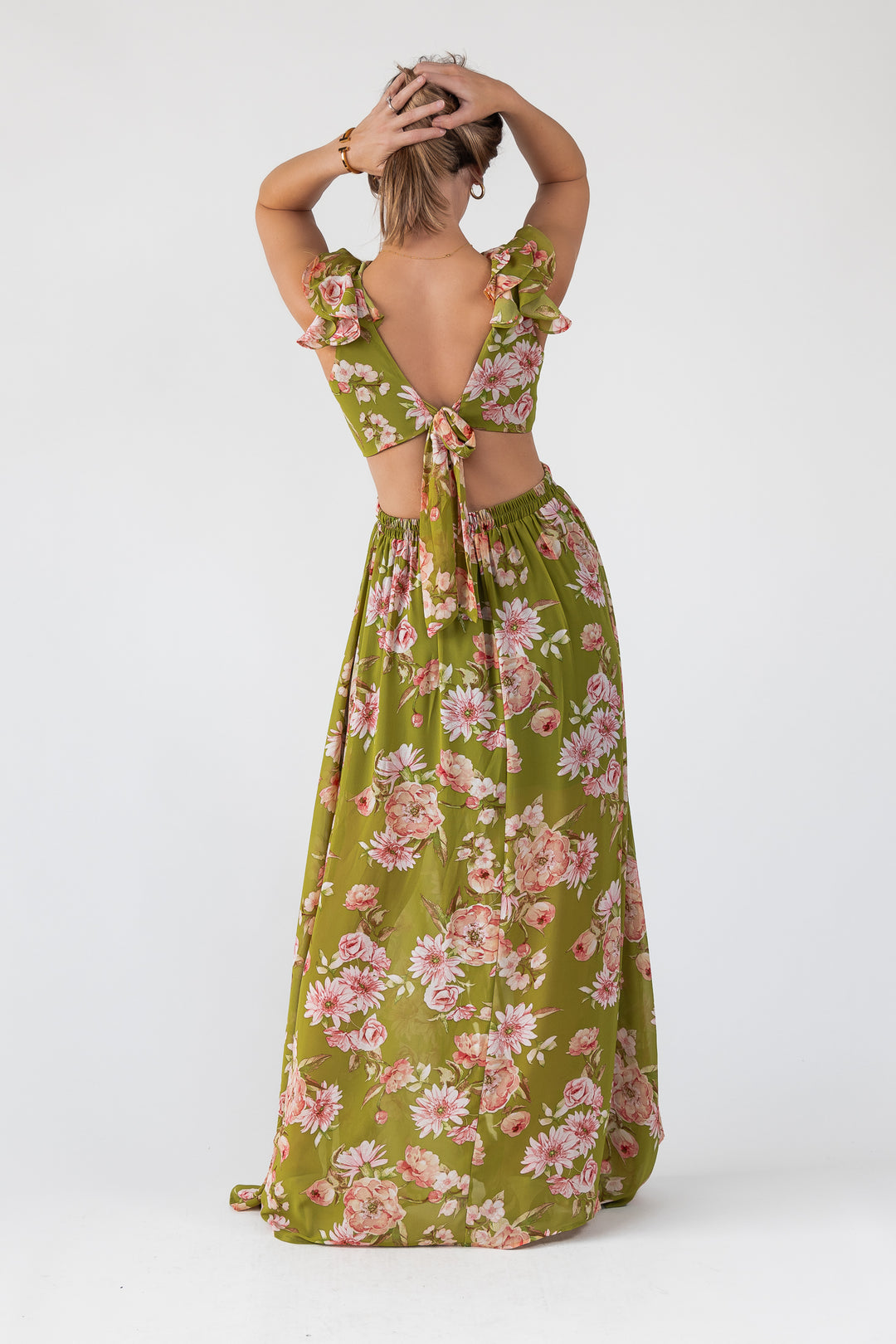 Green Floral Cutout Frilly Maxi Dress