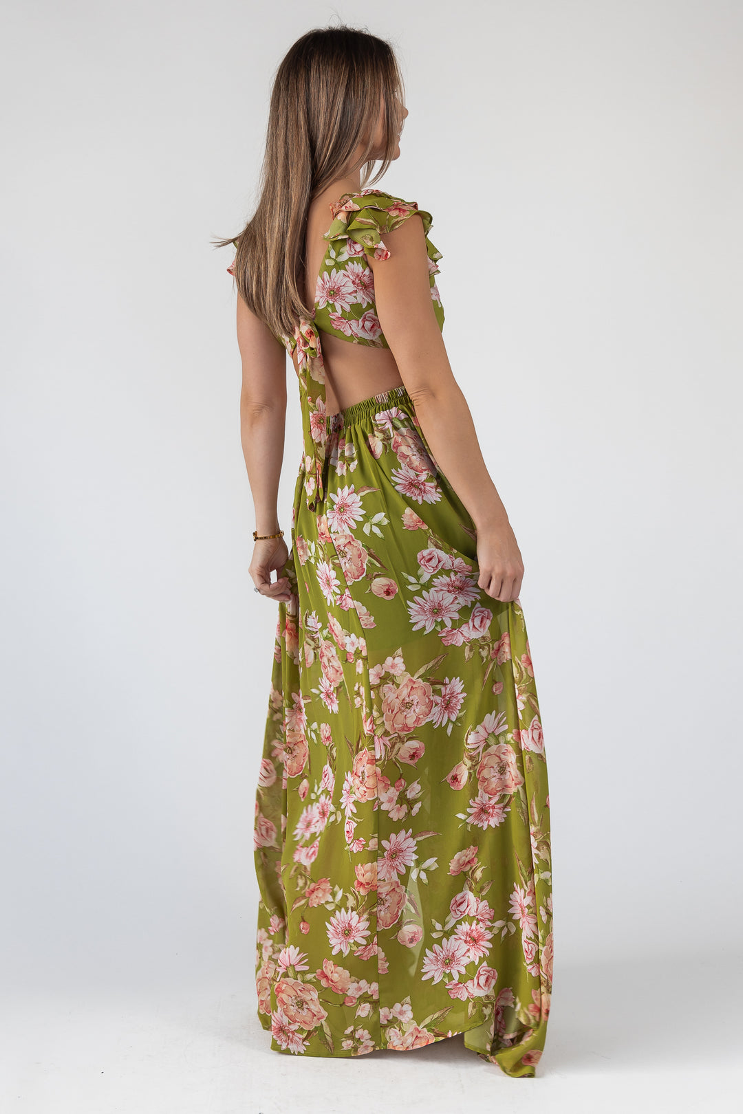 Green Floral Cutout Frilly Maxi Dress