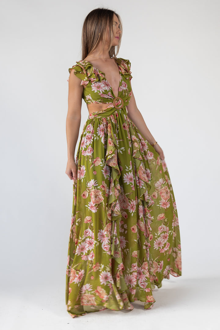 Green Floral Cutout Frilly Maxi Dress