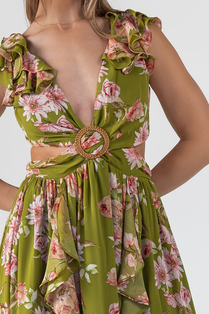 Green Floral Cutout Frilly Maxi Dress