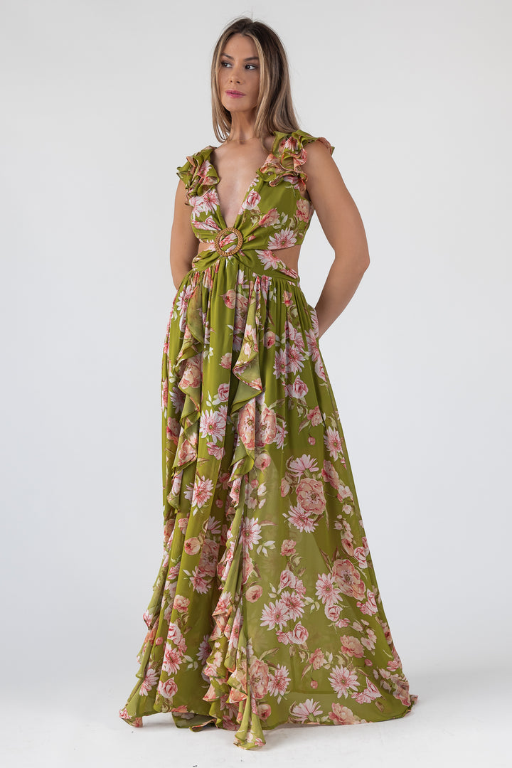 Green Floral Cutout Frilly Maxi Dress