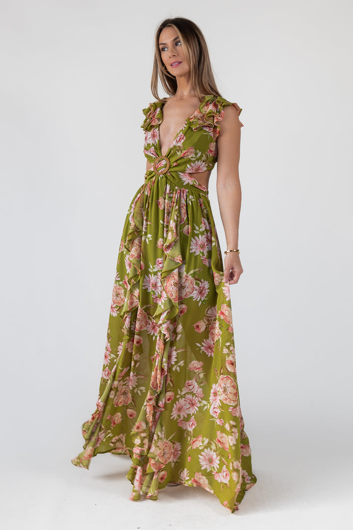 Green Floral Cutout Frilly Maxi Dress