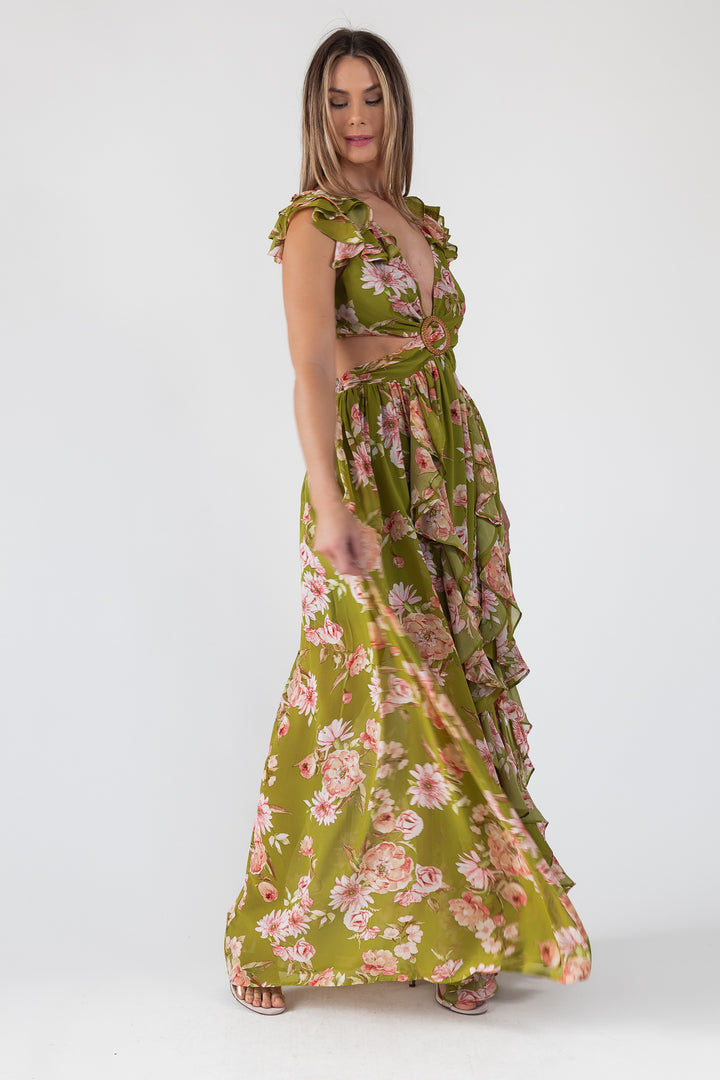 Green Floral Cutout Frilly Maxi Dress