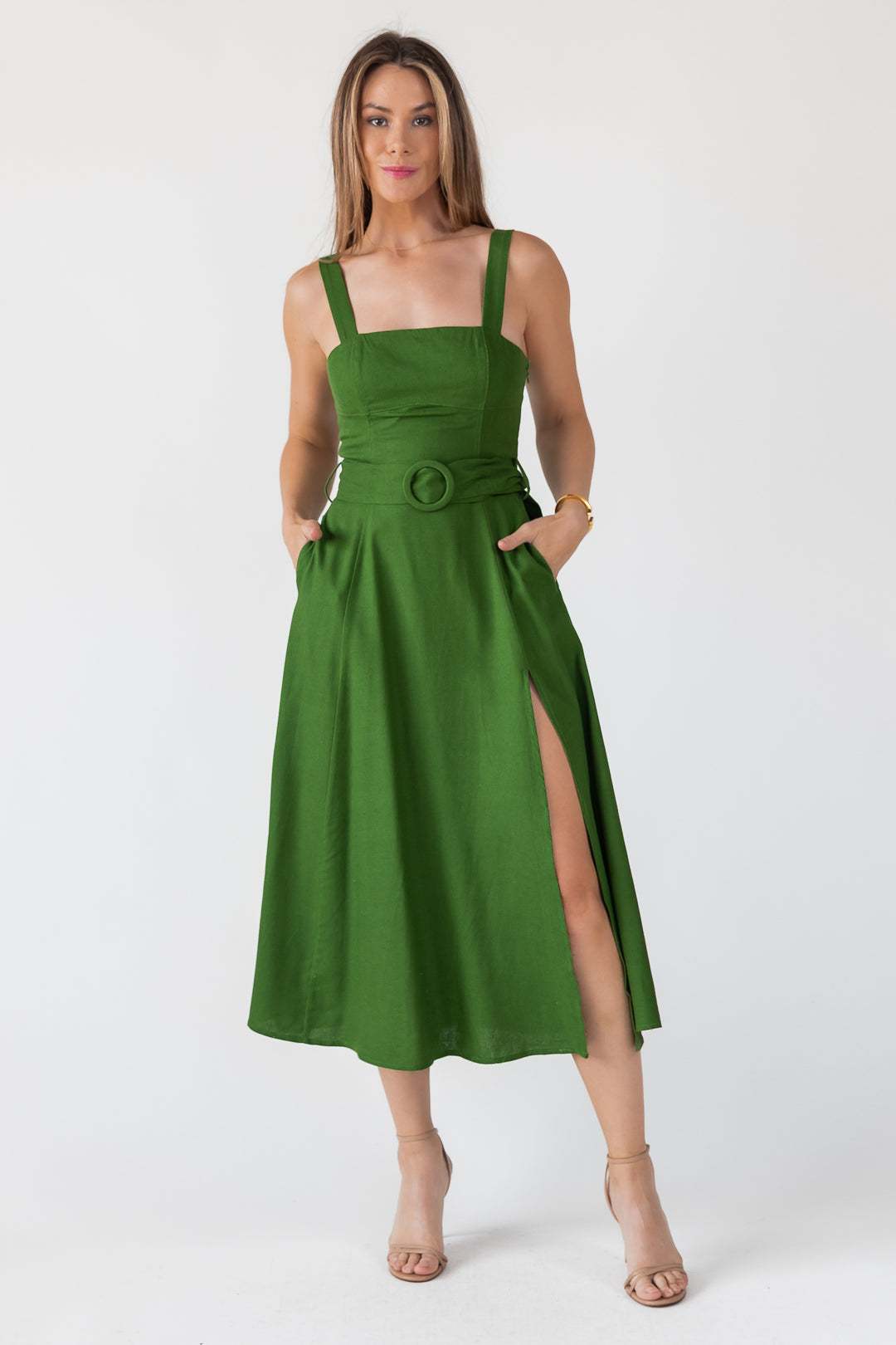 Green Linen Belted Midi Dress