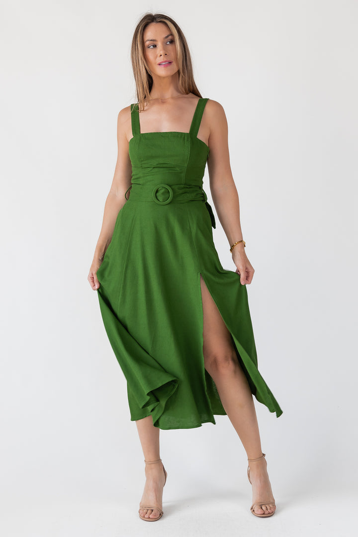 Green Linen Belted Midi Dress