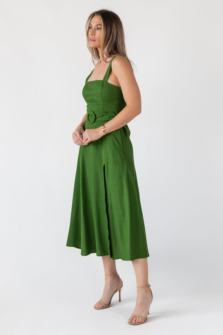 Green Linen Belted Midi Dress