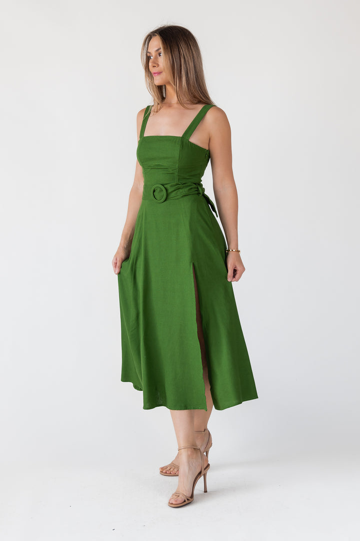 Green Linen Belted Midi Dress