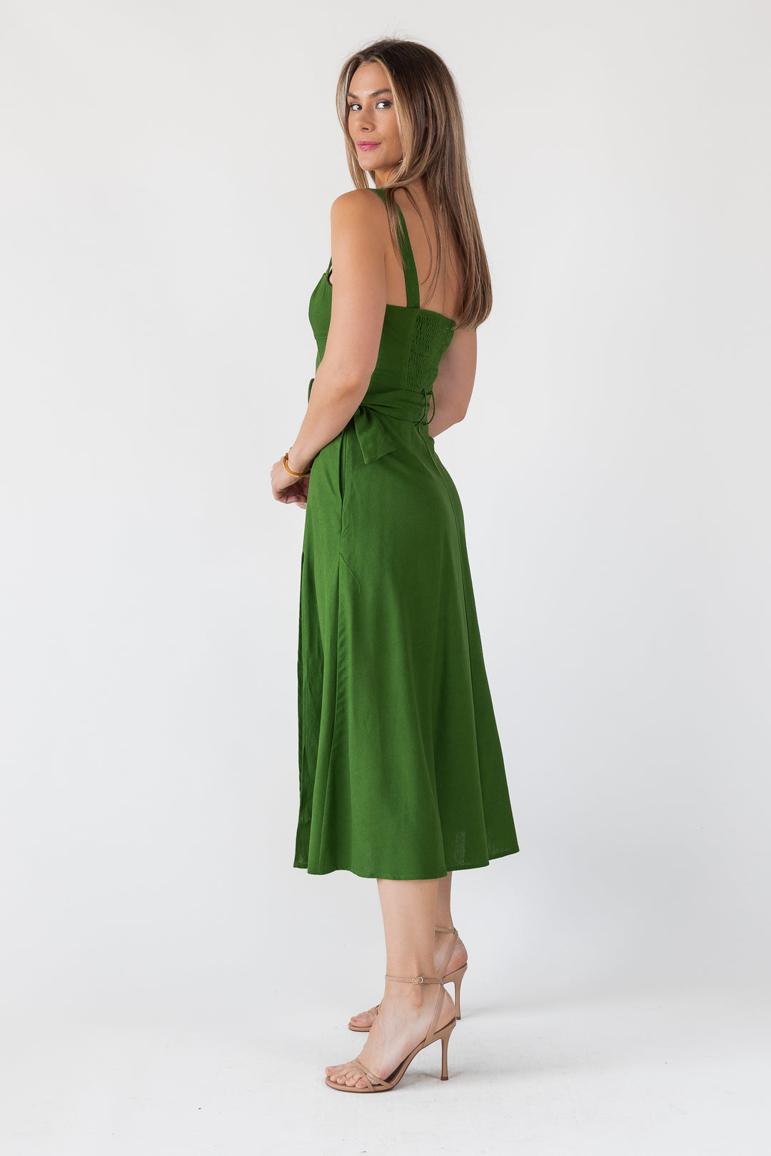 Green Linen Belted Midi Dress