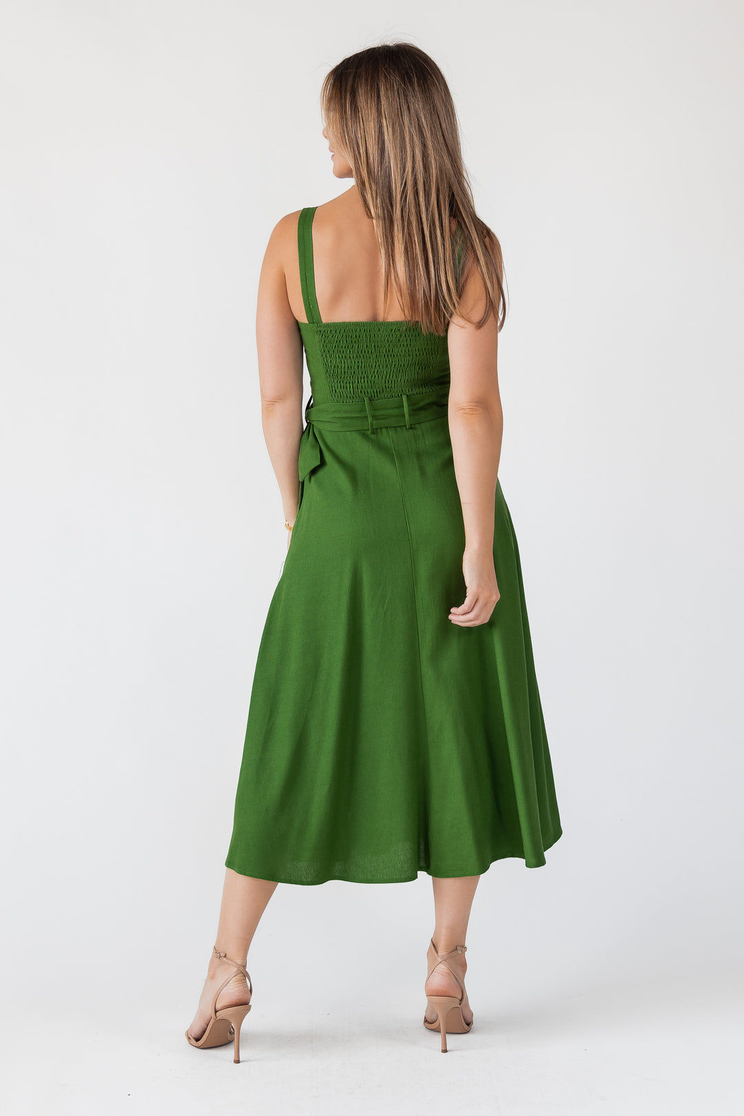 Green Linen Belted Midi Dress