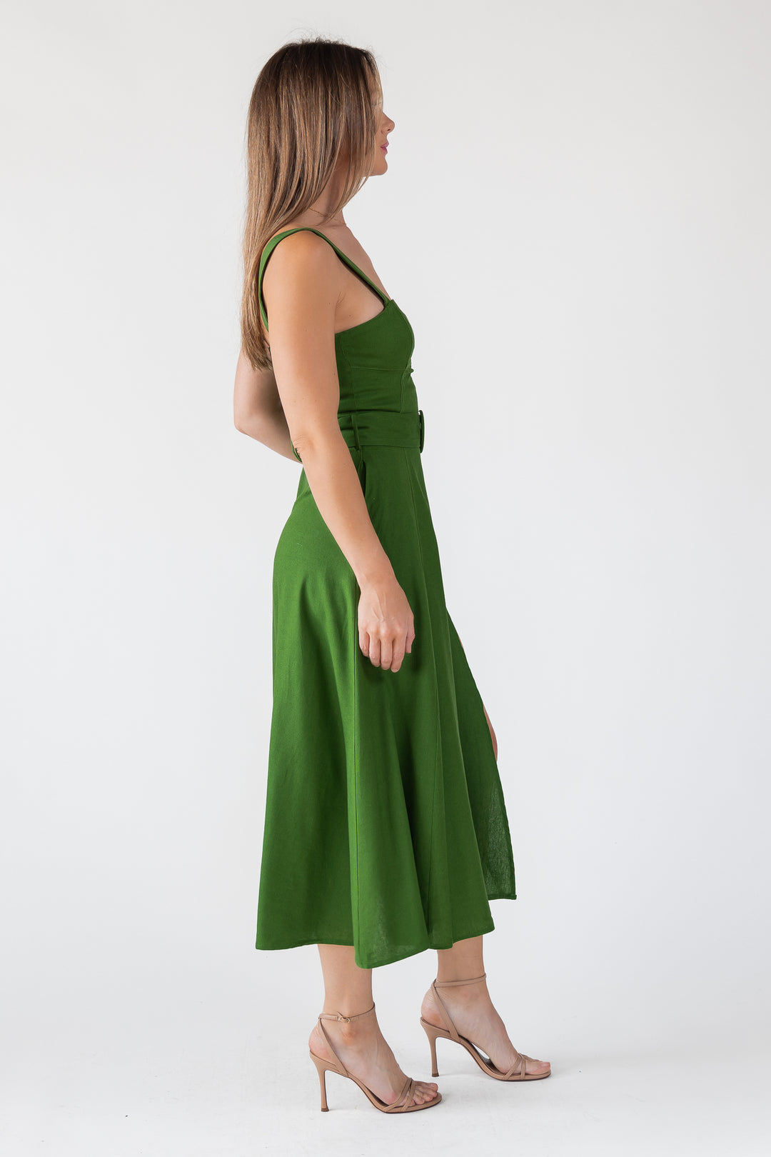 Green Linen Belted Midi Dress