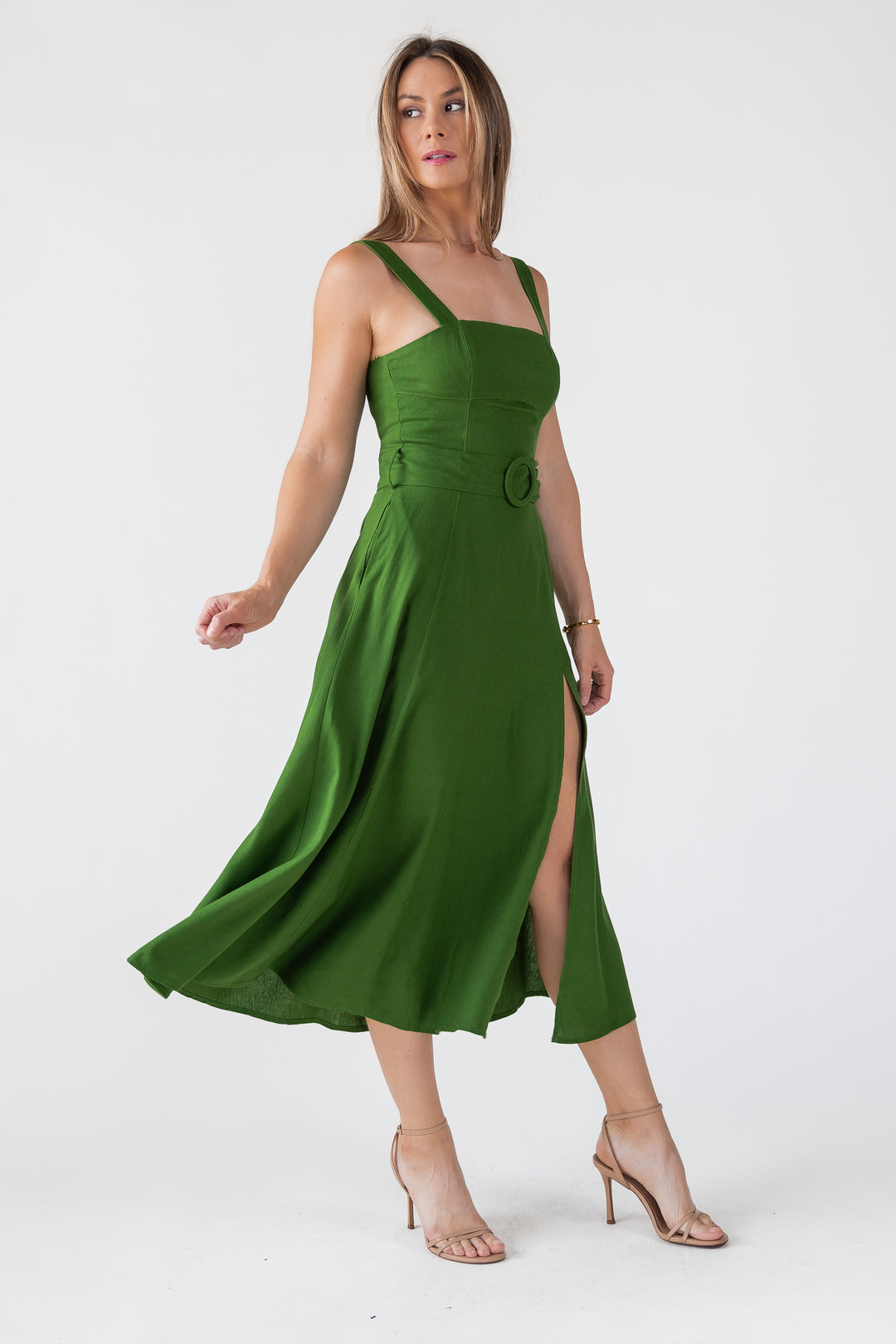 Green Linen Belted Midi Dress